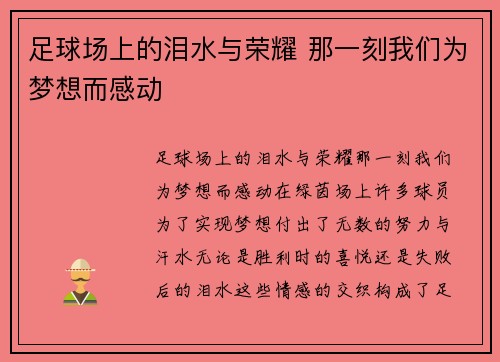 足球场上的泪水与荣耀 那一刻我们为梦想而感动