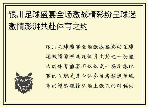 银川足球盛宴全场激战精彩纷呈球迷激情澎湃共赴体育之约