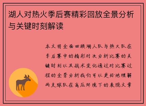 湖人对热火季后赛精彩回放全景分析与关键时刻解读