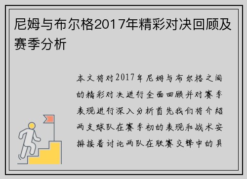 尼姆与布尔格2017年精彩对决回顾及赛季分析