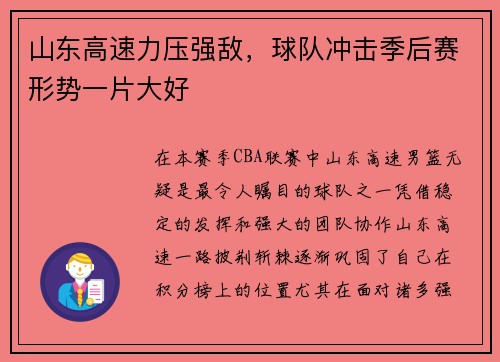 山东高速力压强敌，球队冲击季后赛形势一片大好